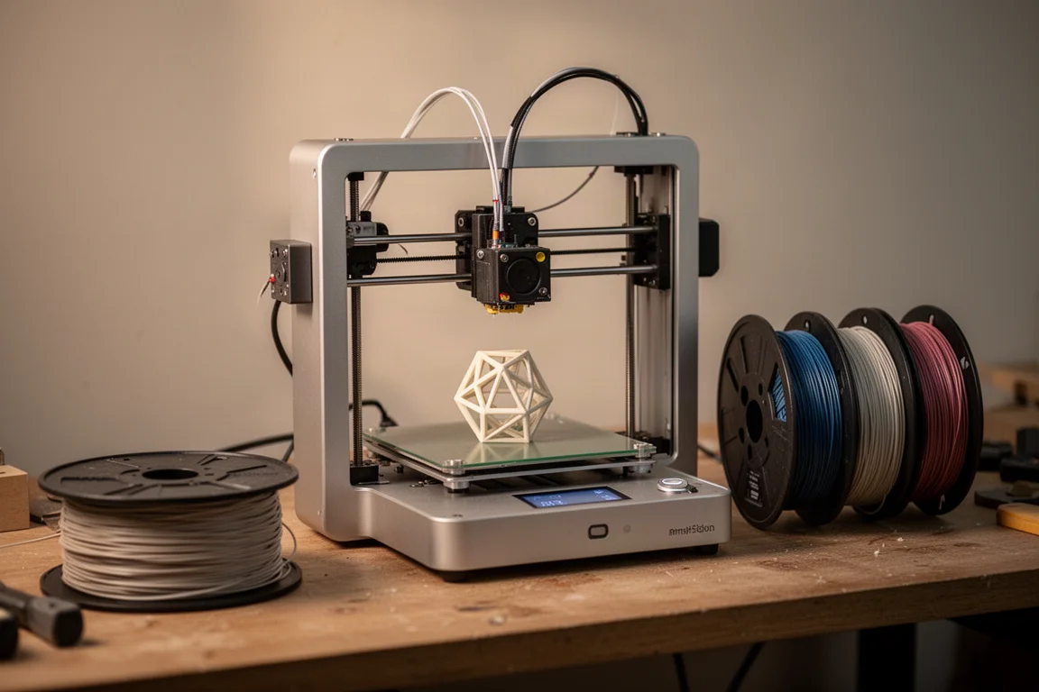 Desktop 3D-printer midden in een print op een thuiswerkbank, filamentrollen in de buurt