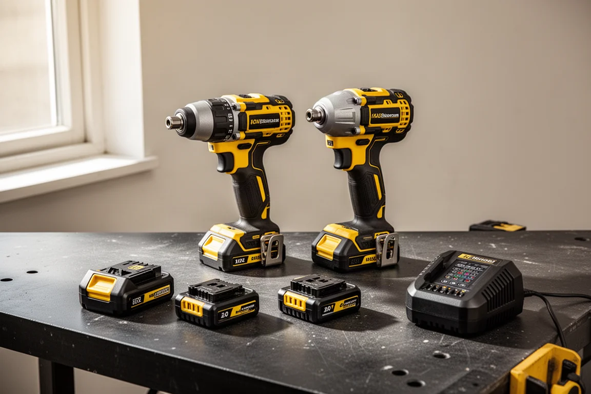 Accuboormachine en impact driver kit uitgelegd met accu's en lader op de werkbank