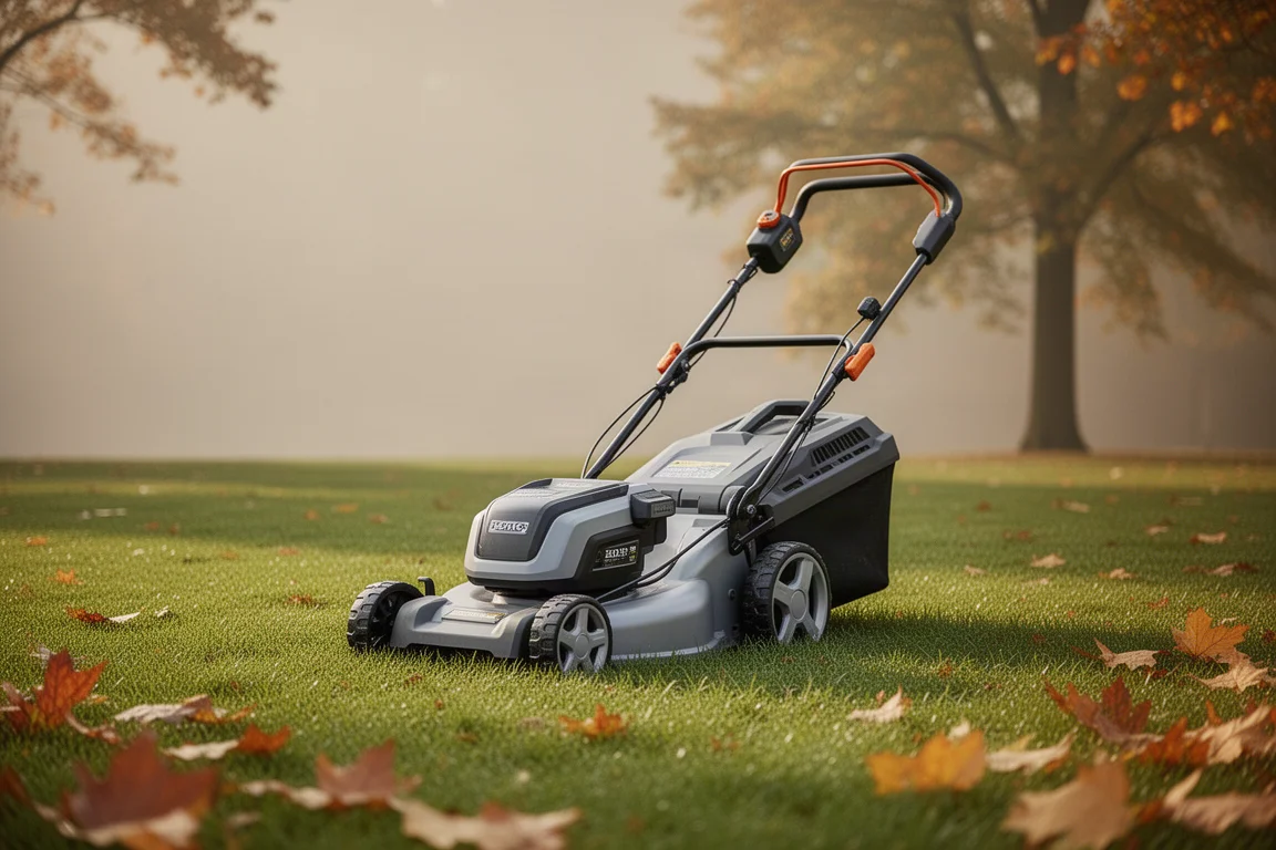 Accu-grasmaaier op een groen gazon in zacht herfstlicht