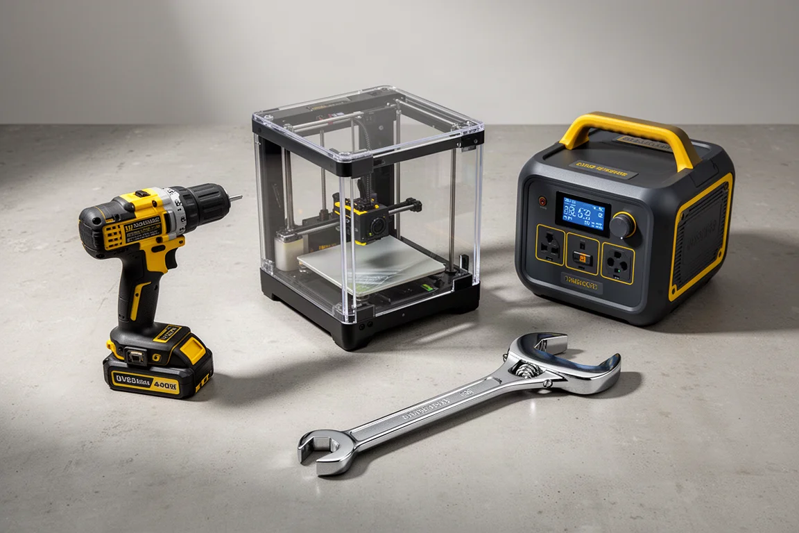 Flat-lay of drill, 3D printer, power station and pliers wrench on concrete