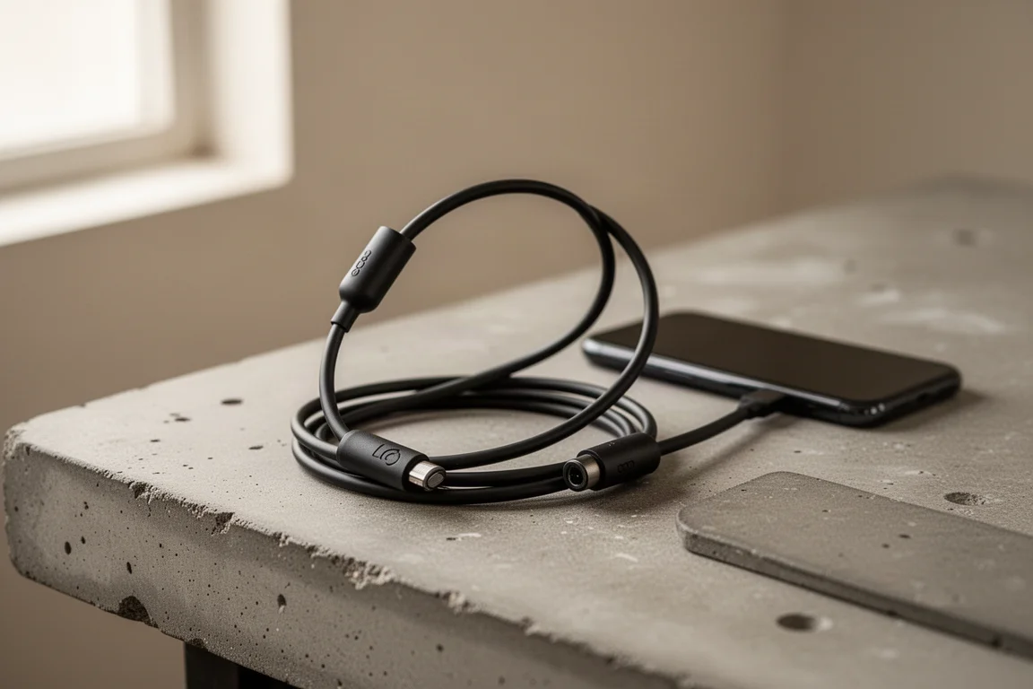 Drei-in-eins-Ladekabel auf einer Werkbank aufgerollt neben einem Smartphone
