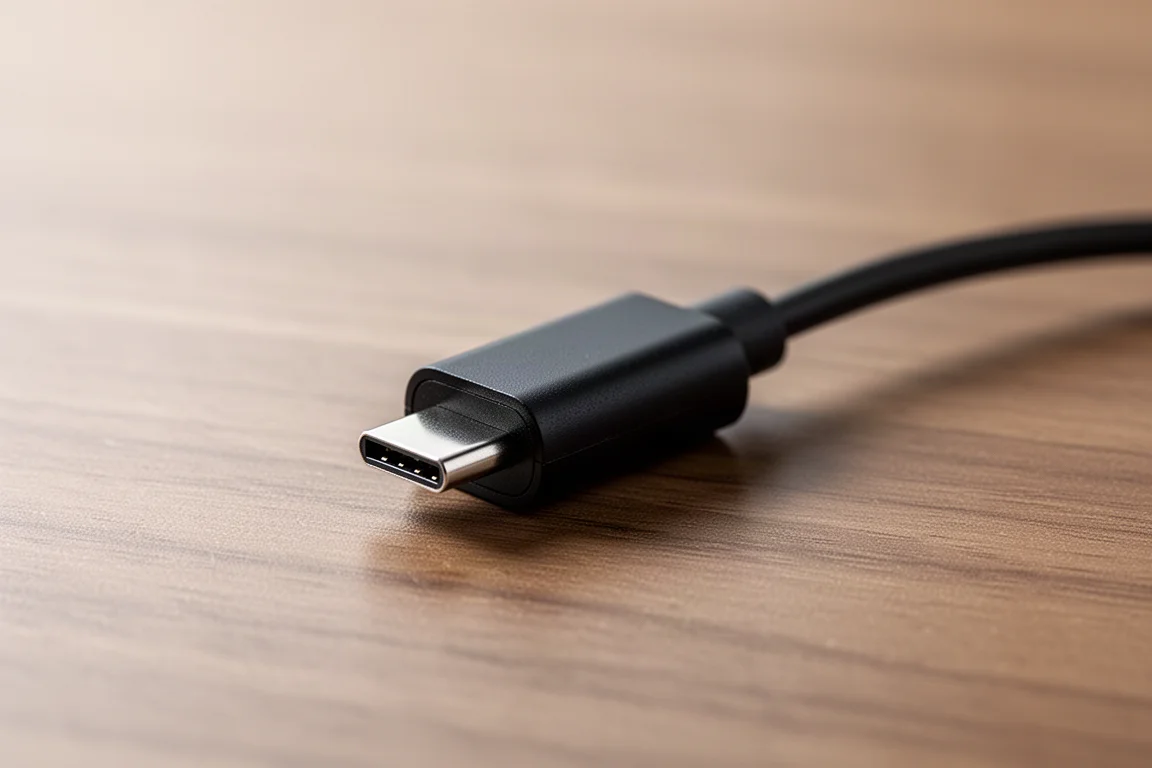 Kompakter Lightning-Audioadapter auf einer hölzernen Schreibtischplatte