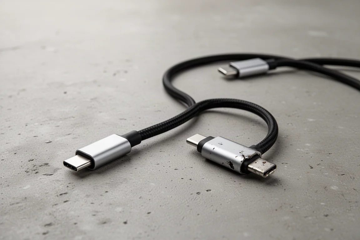 USB-C-Ladekabel mit Aluminiumsteckern flach auf Beton liegend