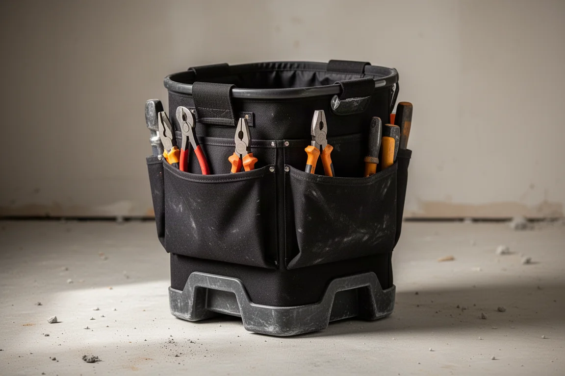 Oval hardbody tool bucket on a worksite showing deep pockets around the rim
