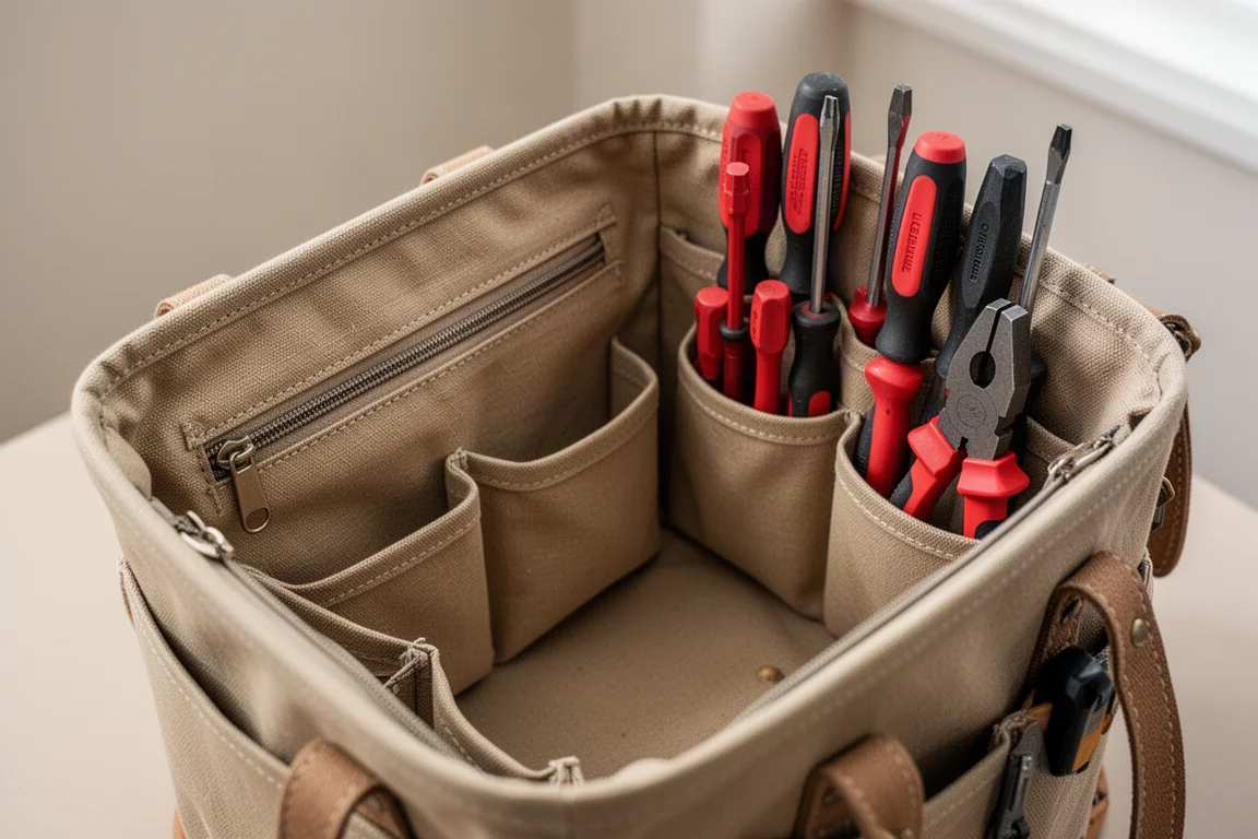 Interior pocket detail of a tool bucket showing small pockets nested inside larger ones