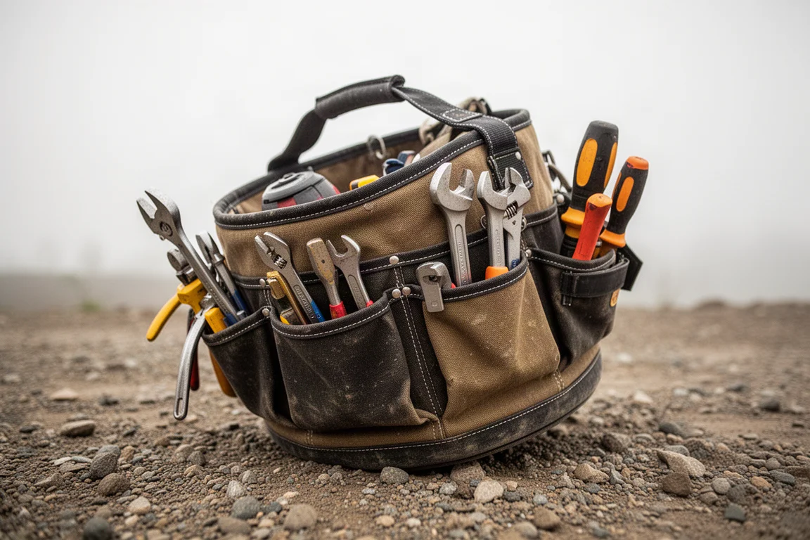 Round electricians tool bucket leaning with tools tipping out of shallow pockets