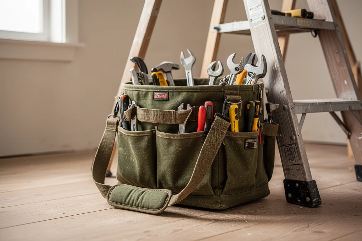 Tool bucket with shoulder strap resting near a ladder on a job site