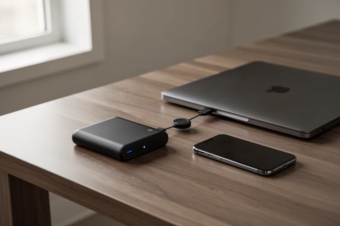 Werkstatttisch mit einer Powerbank, die ein Laptop und ein Smartphone lädt