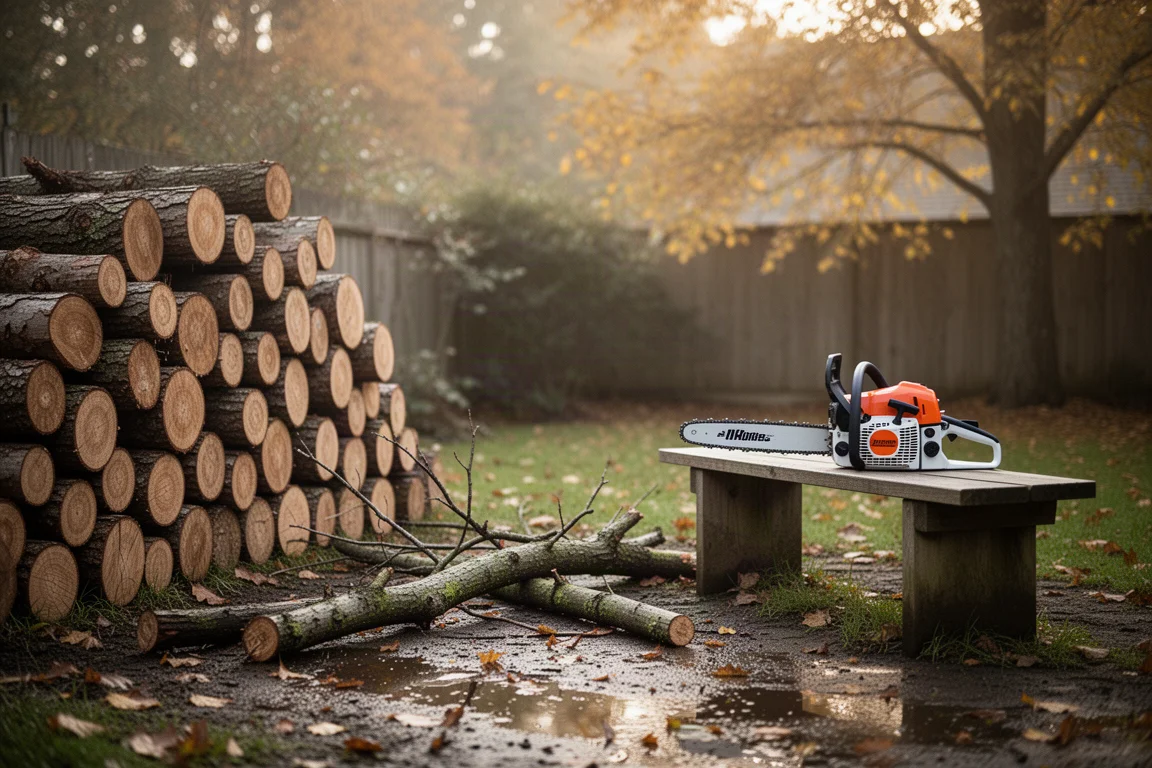 Kettensäge und geschnittene Holzstämme in einem Garten im Herbst