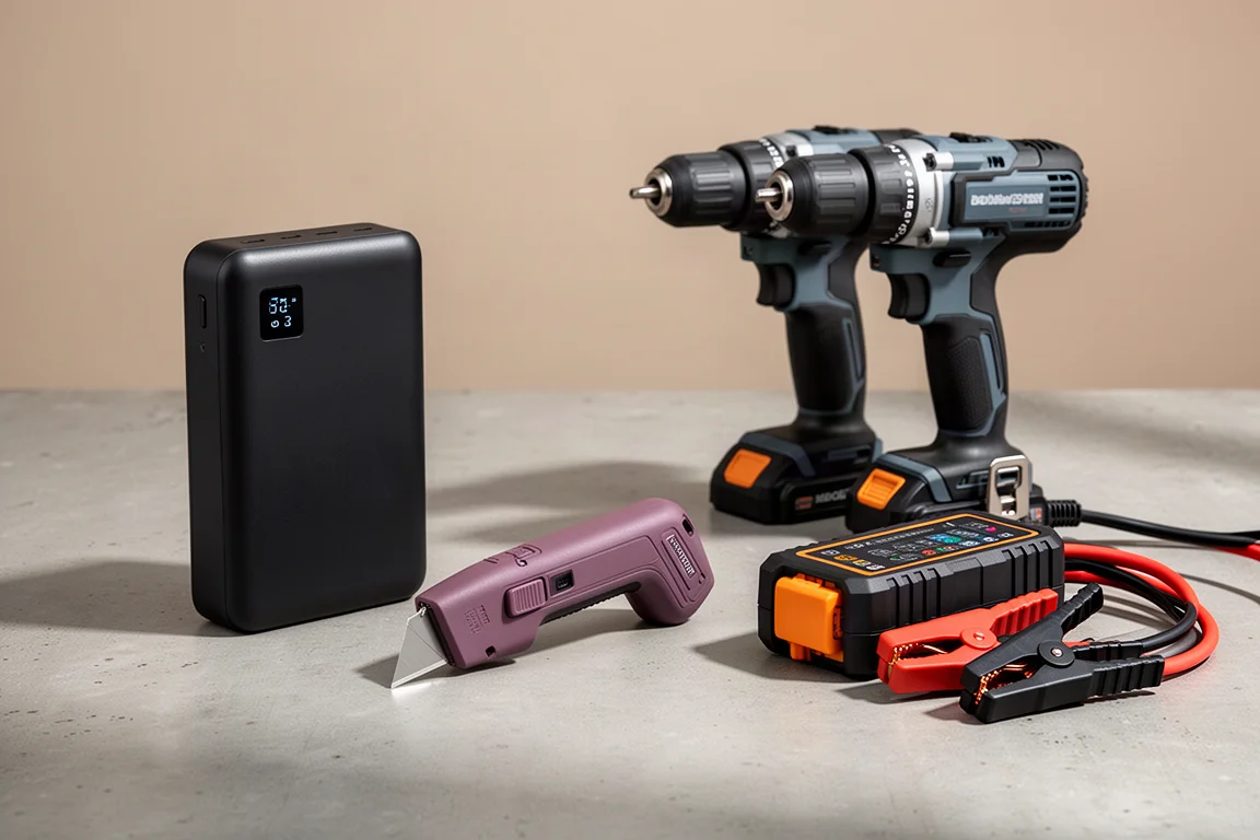 Assorted workshop tools including a power bank, box cutter, drill, and jump starter on concrete