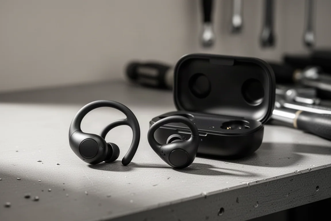 Auriculares inalámbricos de gancho abiertos apoyados en un banco de trabajo junto a su estuche de carga