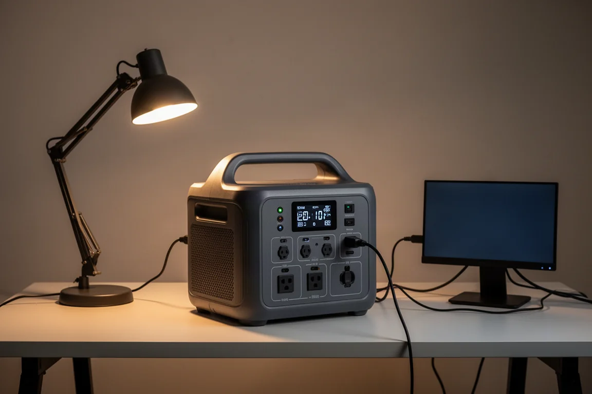 Central eléctrica portátil cargando un portátil y una luz sobre un escritorio de estudio por la tarde