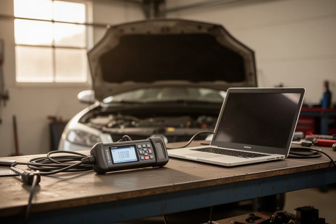 Workbench scene with a laptop connected to a car diagnostic scanner