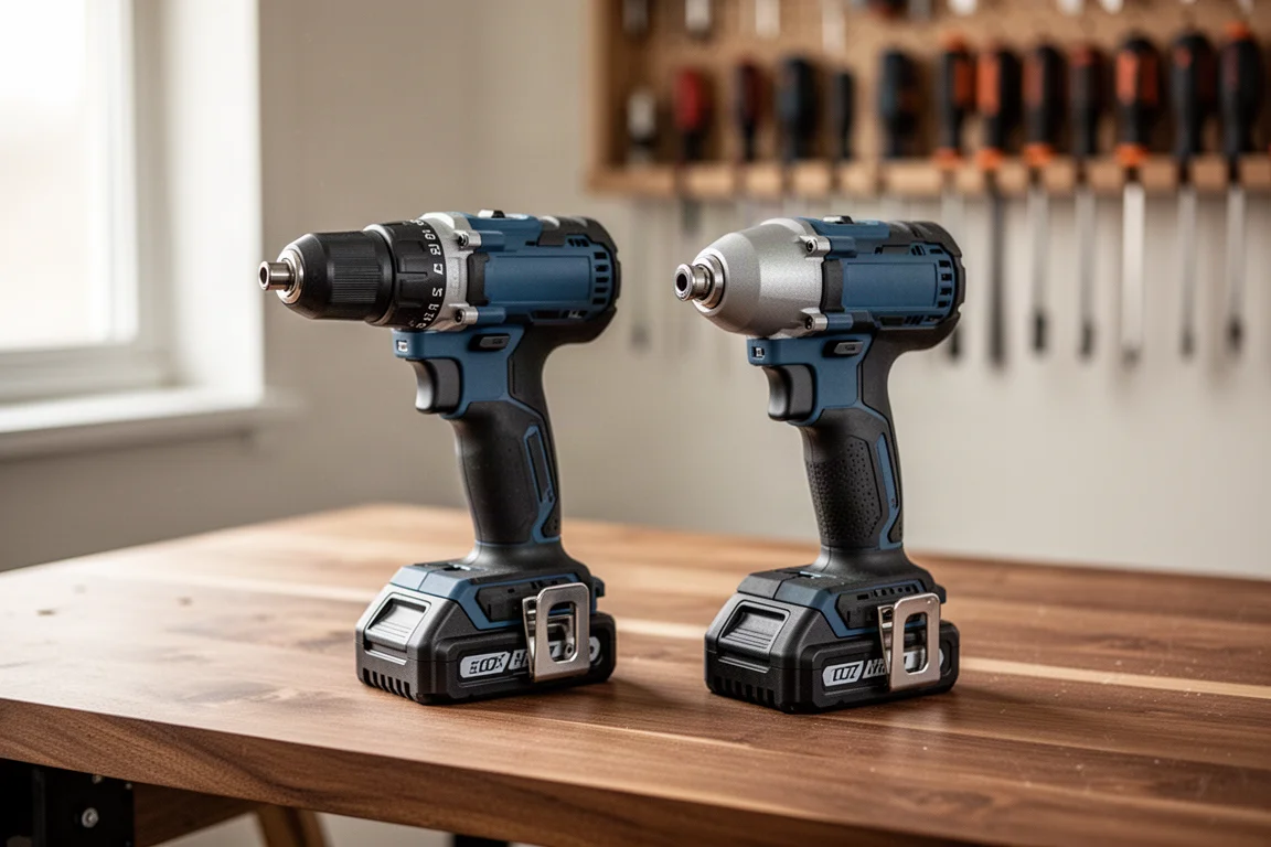 Cordless drill and impact driver combo kit laid out on a wooden bench