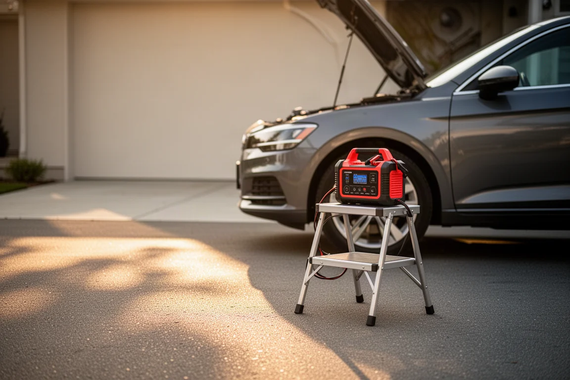 Person checking tire pressure on a car in a home driveway at golden hour