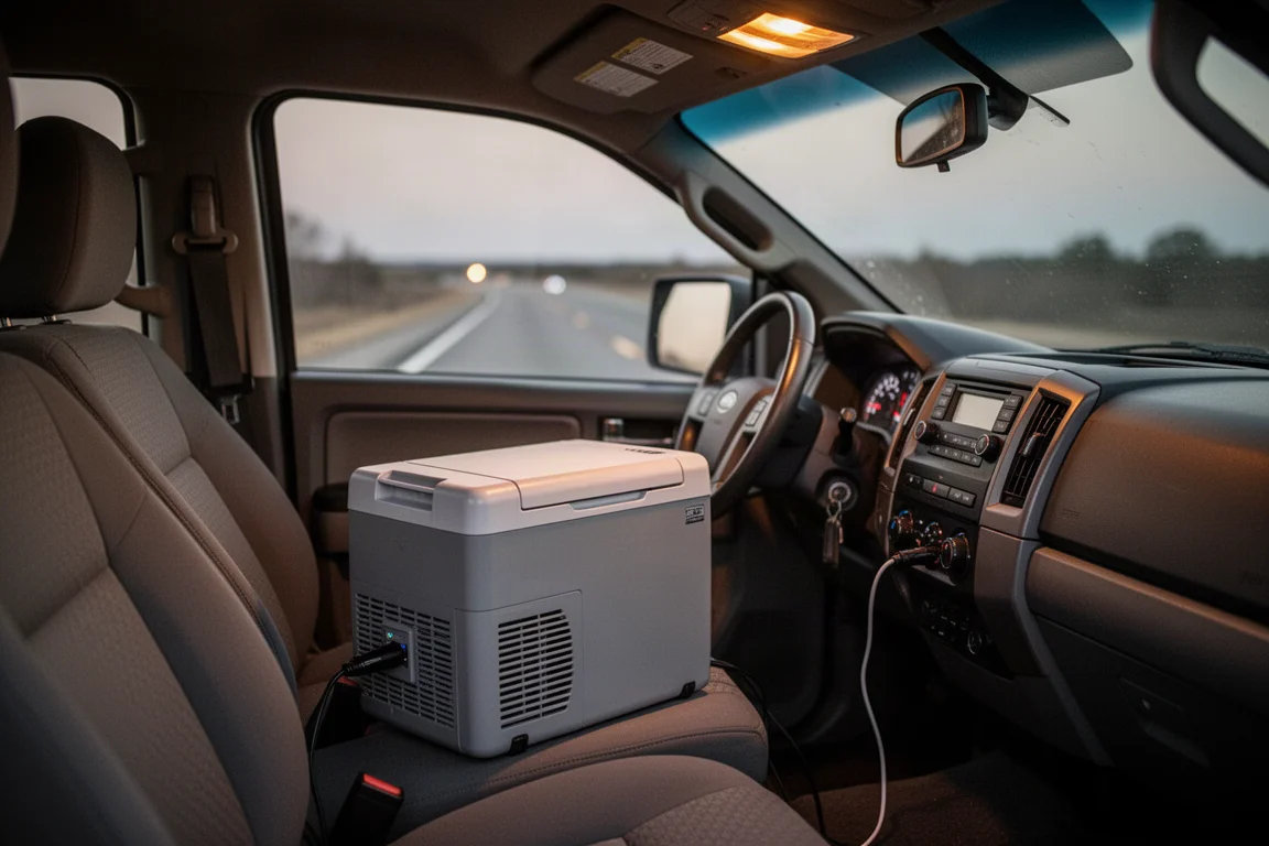 Portable fridge plugged into a car 12V outlet during a road trip