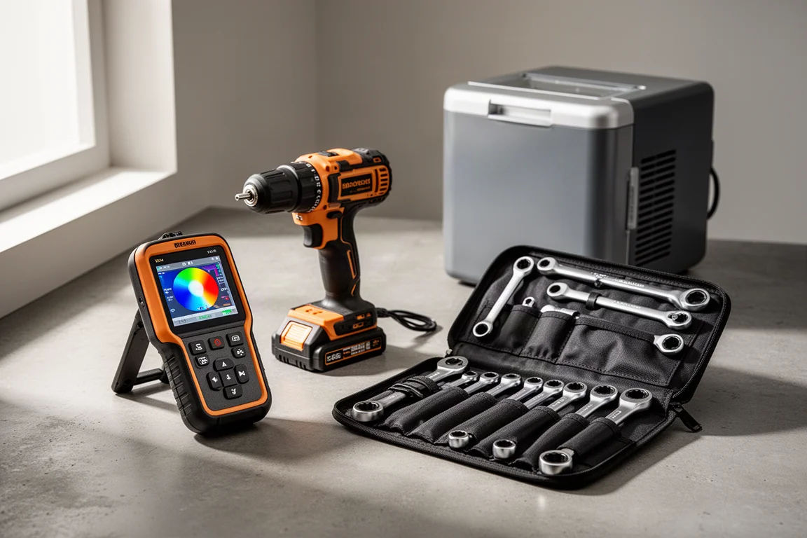 Assorted workshop and road gear including a scanner, drill kit, wrenches, and portable fridge