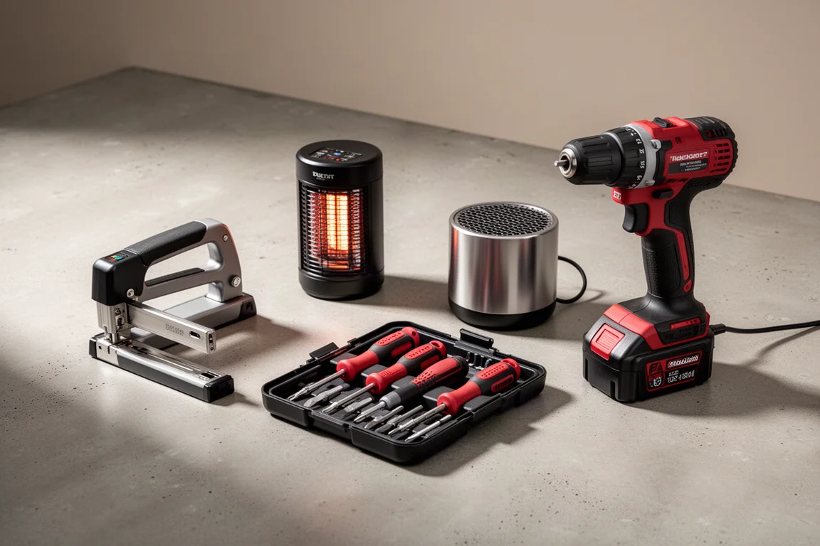 Vista dall'alto di pinatrice a batteria, kit avvitatore, termoventilatore e trapano su cemento