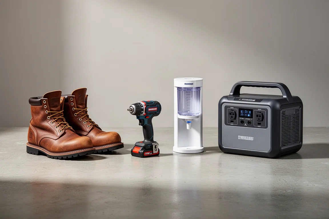 Diagnostic tablet, thermal camera, chainsaw and power station arranged on concrete