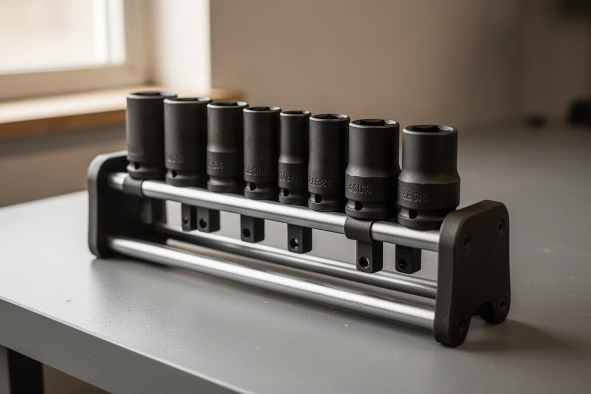 Black oxide impact sockets neatly organized on a two-rail socket organizer