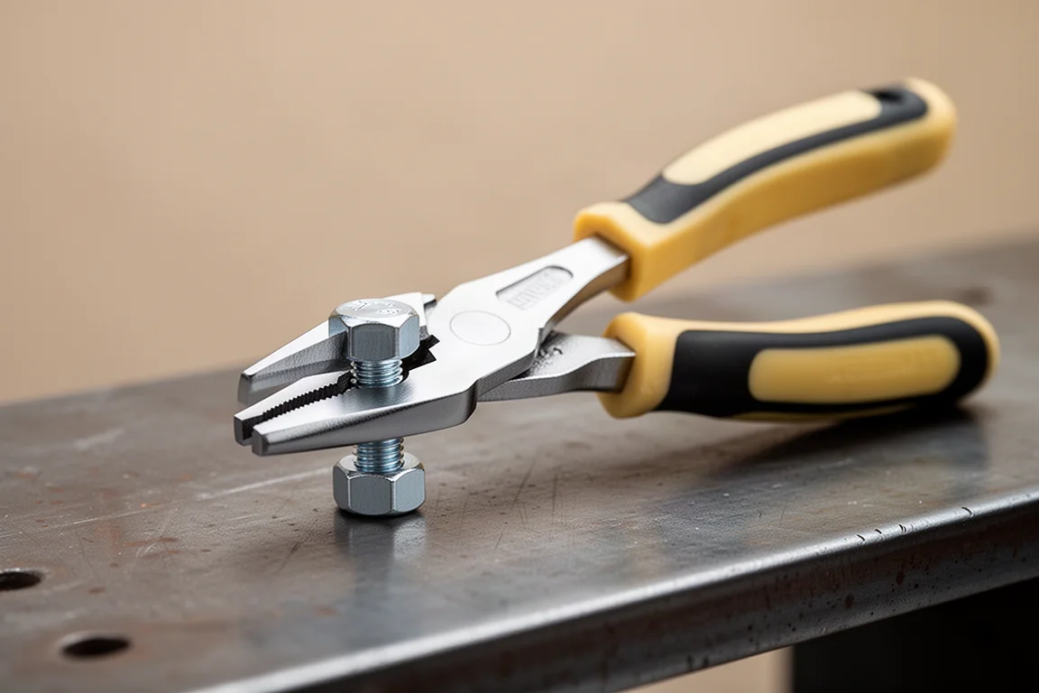 Folding multi-size plier wrench gripping a hex bolt head on a workbench