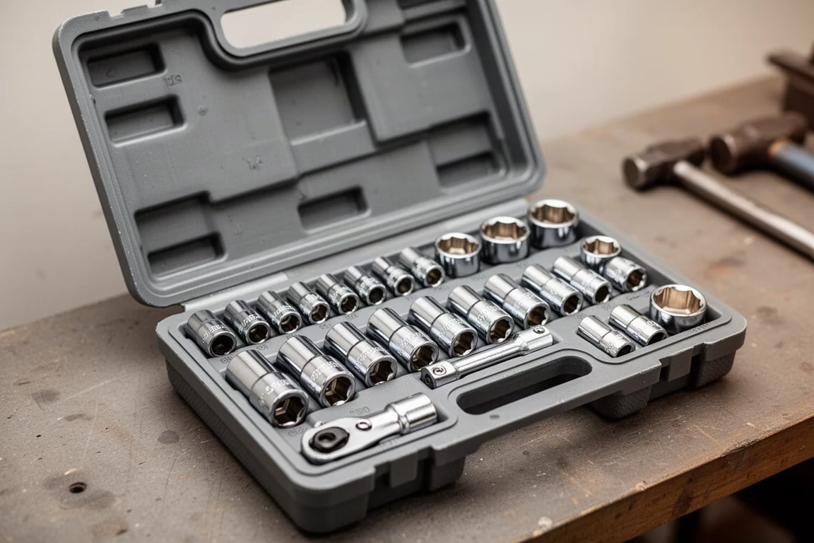 Quarter-inch drive socket set in an open blow-molded case