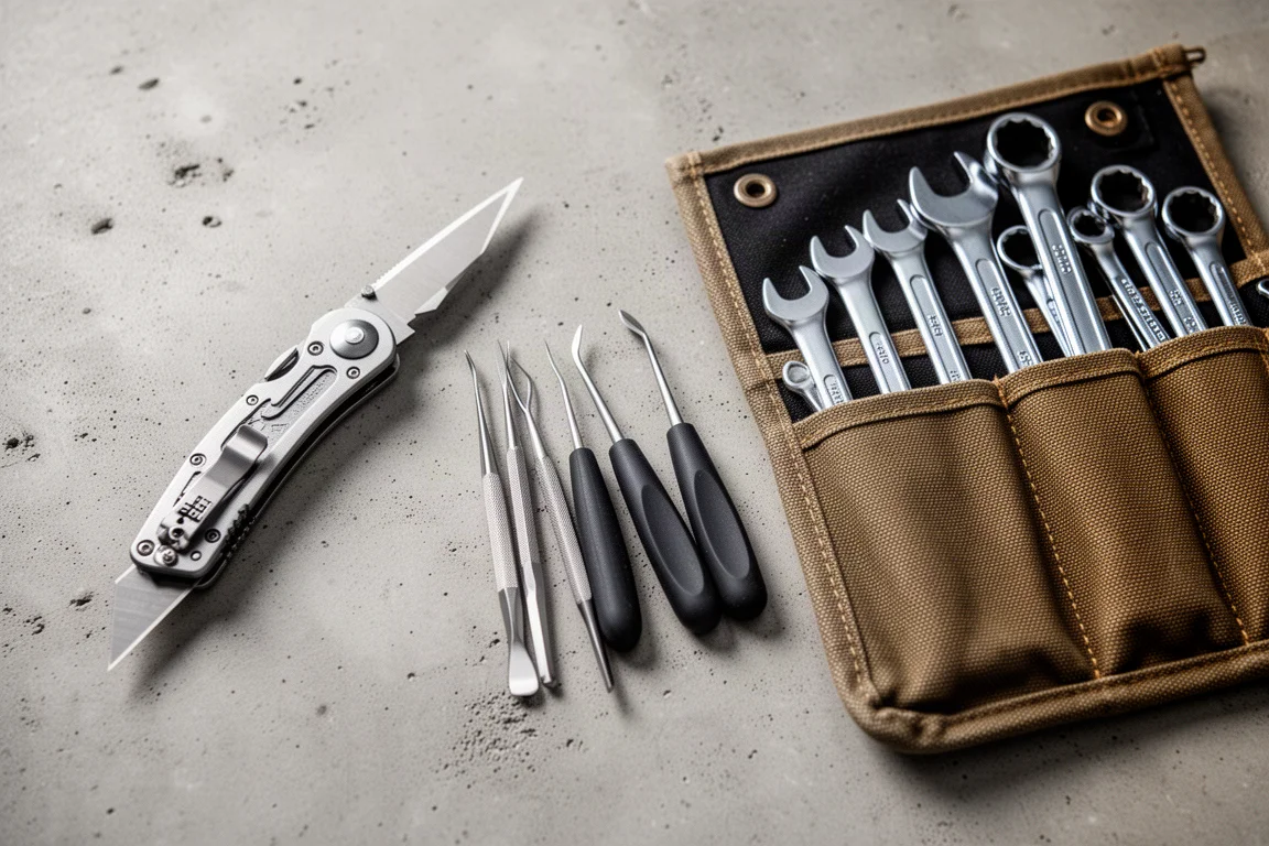 Utility knife and pick set arranged beside a roll bag of combination wrenches