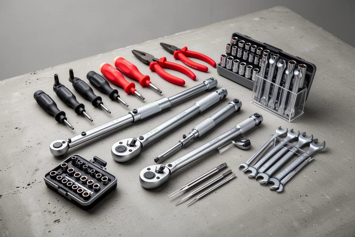 Flat-lay of assorted hand tools including screwdrivers, pliers, torque wrenches, and sockets on concrete