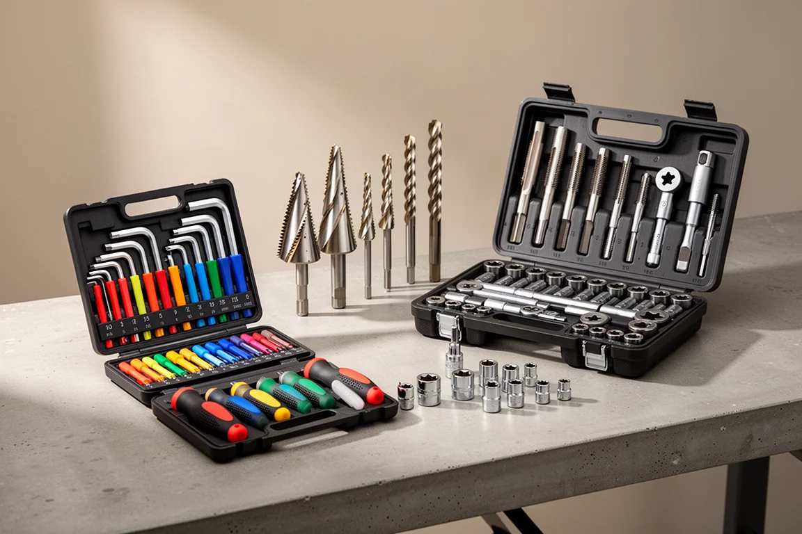 Five Toolan hand tool sets arranged on a concrete workbench