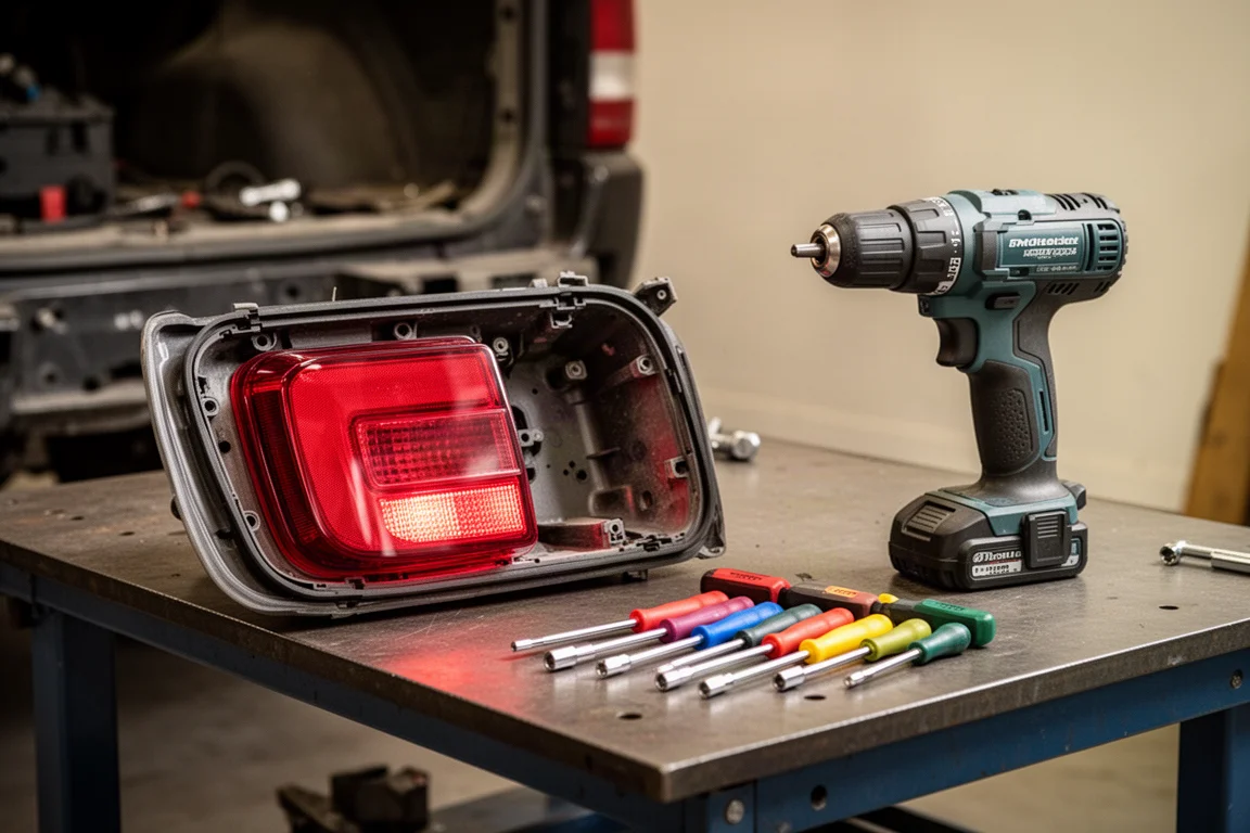 Workshop bench with a drill driver and color-coded nut drivers laid out during a vehicle repair