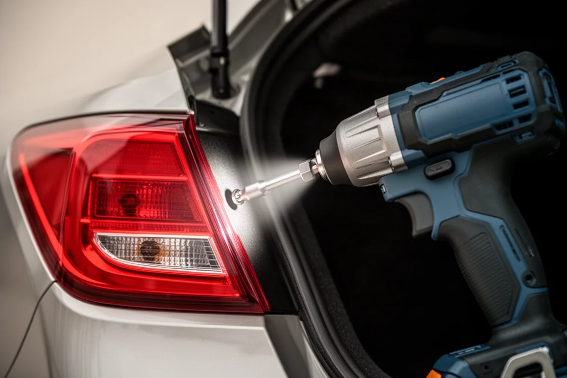 Cordless drill fitted with a nut driver working inside a vehicle tail light assembly