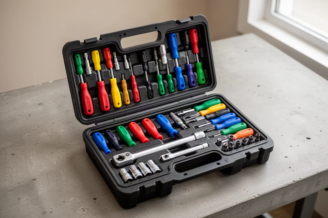 Organized tool case open on a workbench with drivers slotted in color order