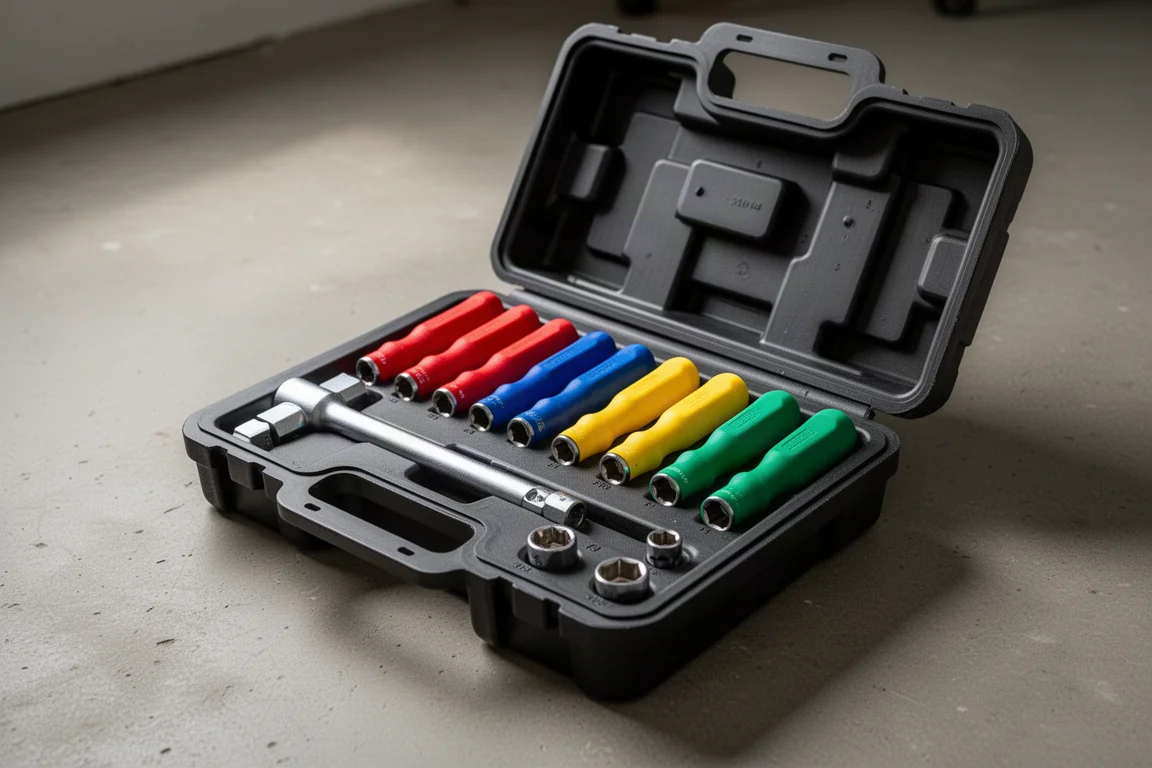 Open tool case holding color-coded magnetic nut drivers, an extension bar and socket bit adapters