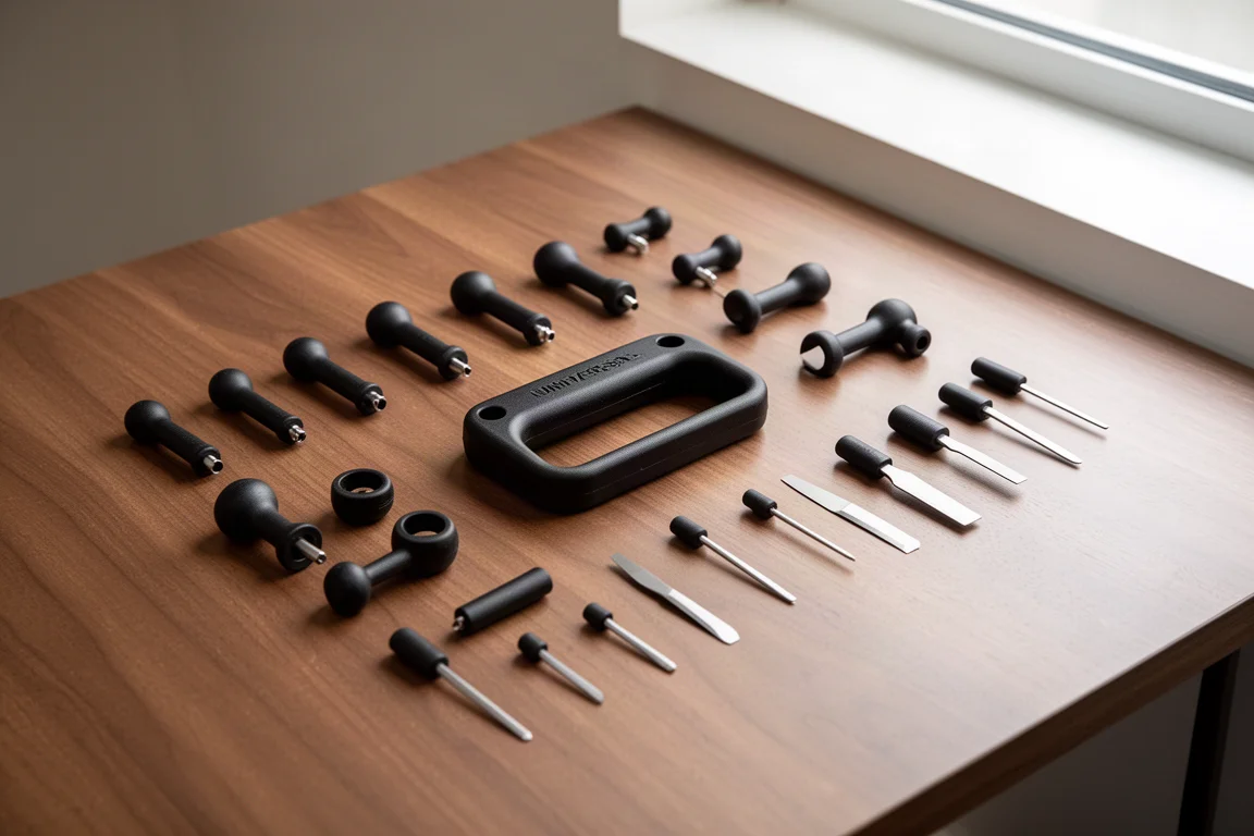 Kit de mango universal pequeño con diversos útiles redondeados sobre un escritorio de madera