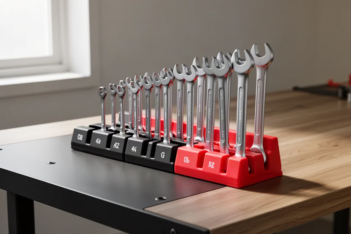 ToolGanize wrench organizer rails holding wrenches upright on a workbench