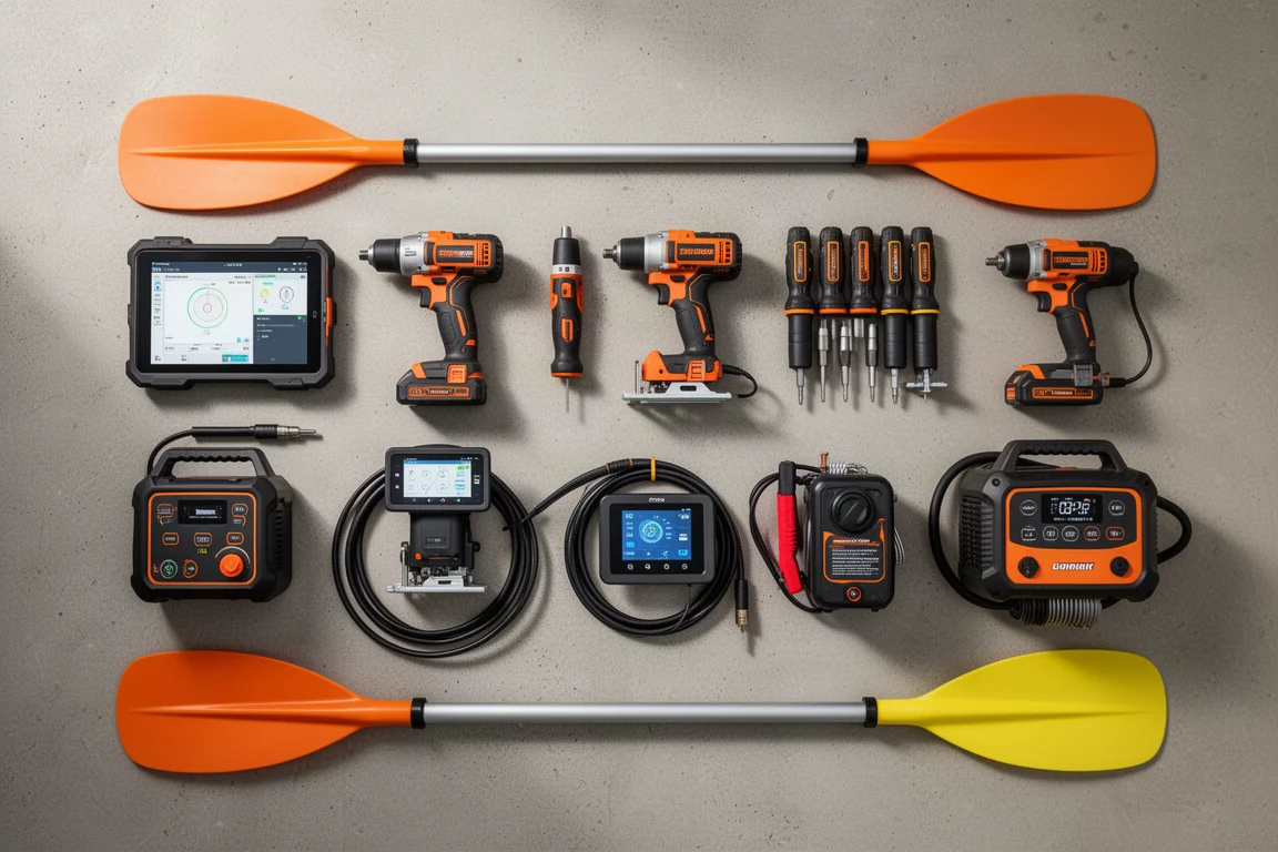Flat-lay lineup of tools, a borescope, a jump starter, and a kayak paddle on concrete