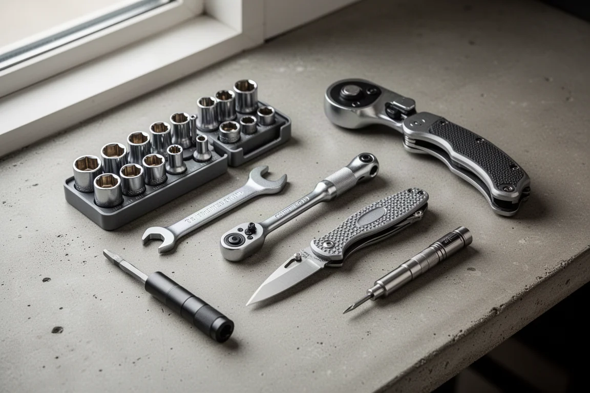 Flat-lay of sockets, ratchet, folding knife, flashlight, and precision screwdriver on a workbench