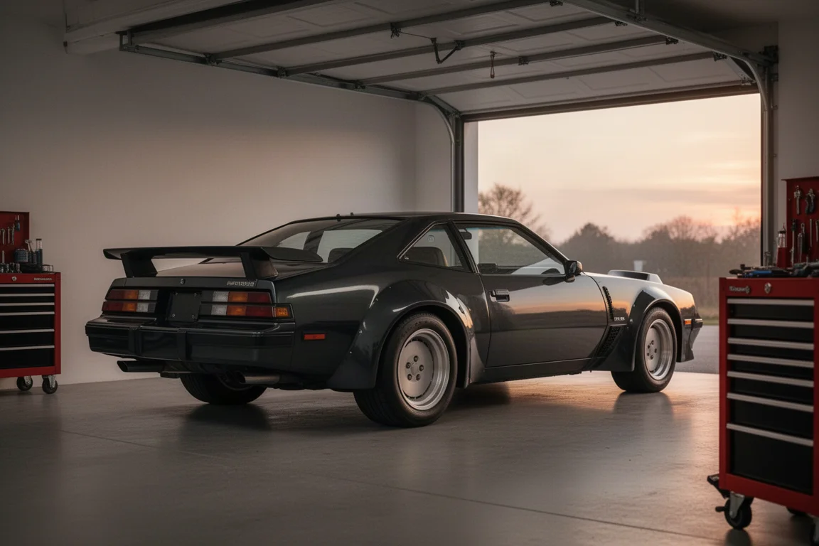 Coupé sportiva a corpo largo classica degli anni Ottanta parcheggiata in un garage aperto al tramonto