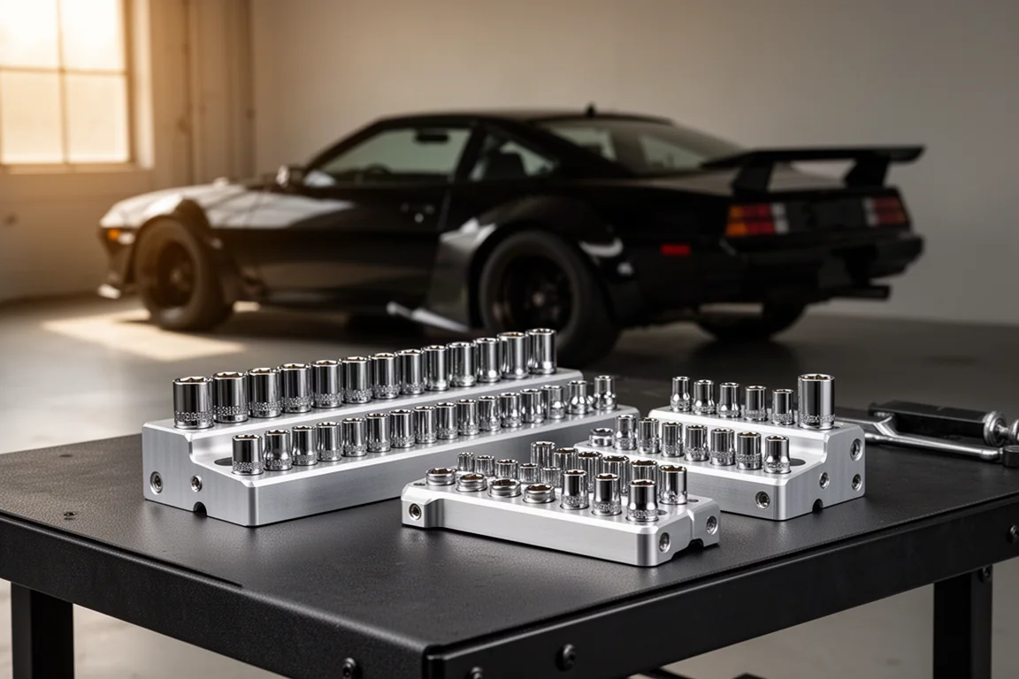 Billet aluminum socket trays on a workbench with a classic sports coupe in the background