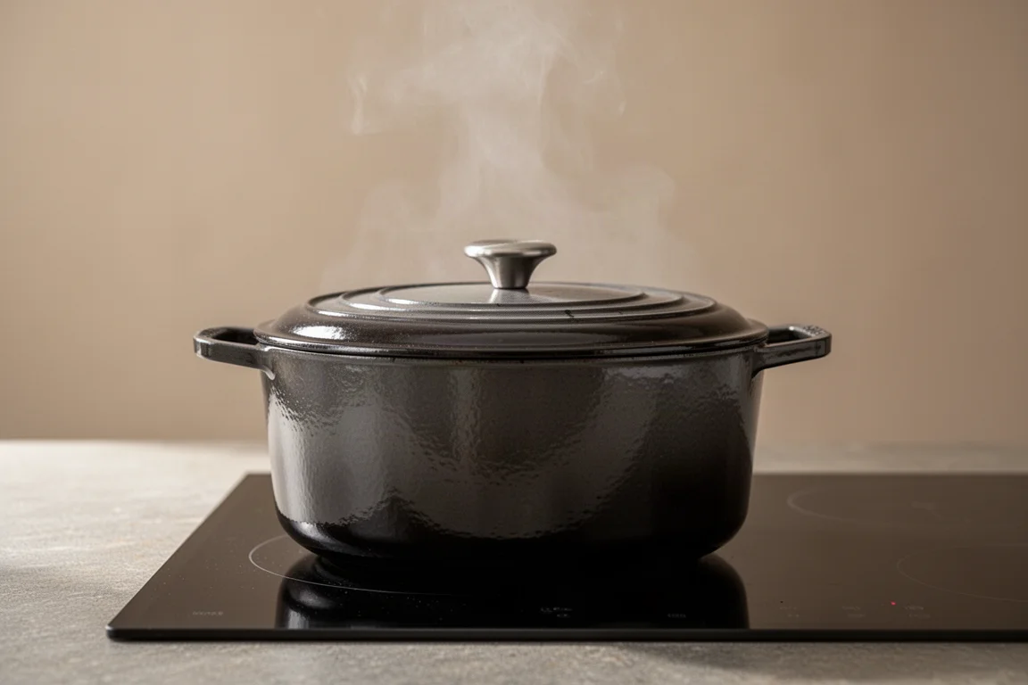 Żeliwny garcek Dutch oven duszący się na kuchence