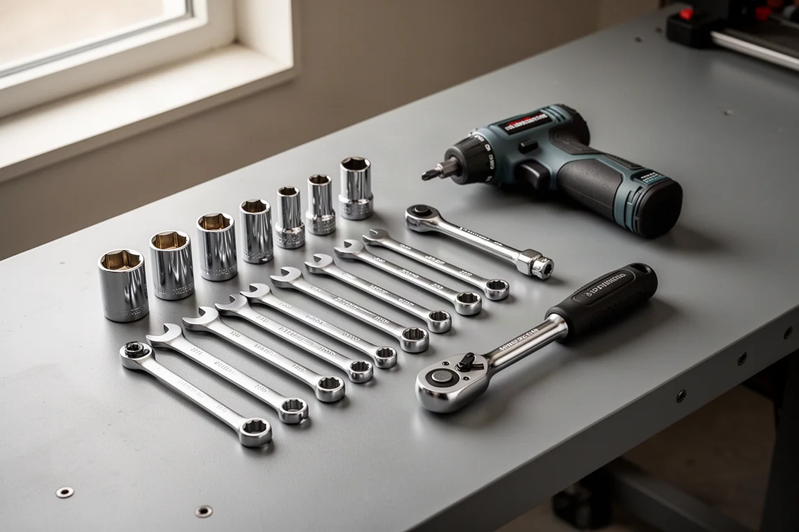 Assorted hand tools including sockets, wrenches, and a ratchet arranged on a grey workshop bench