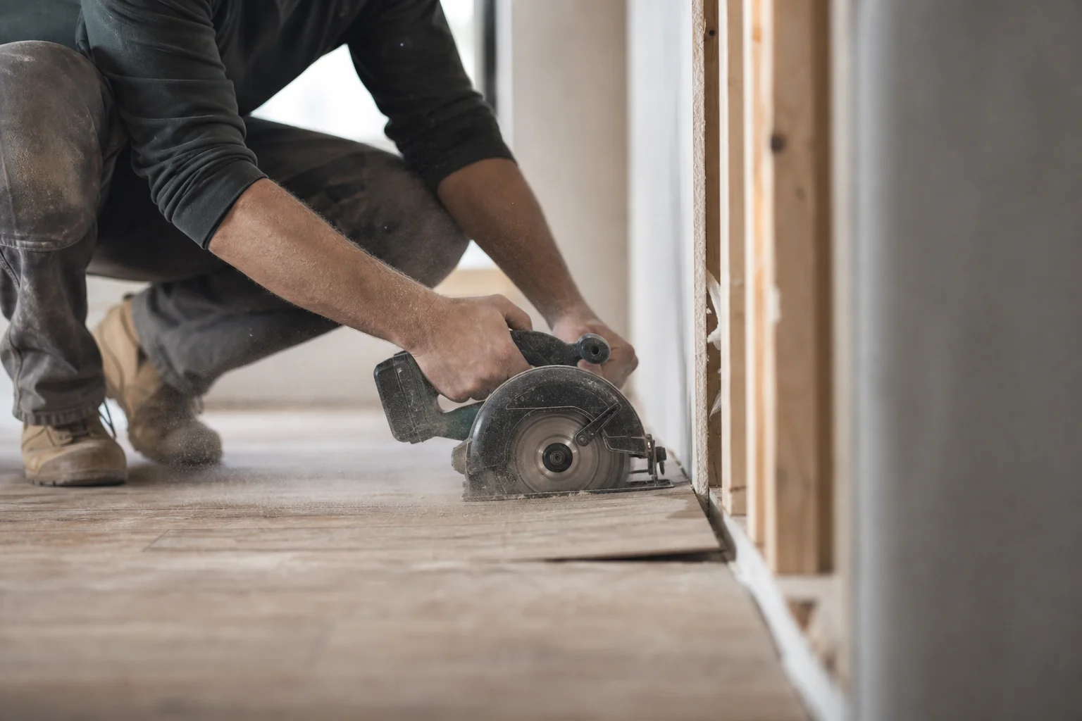 Builder using compact circular saw to cut flooring near a wall