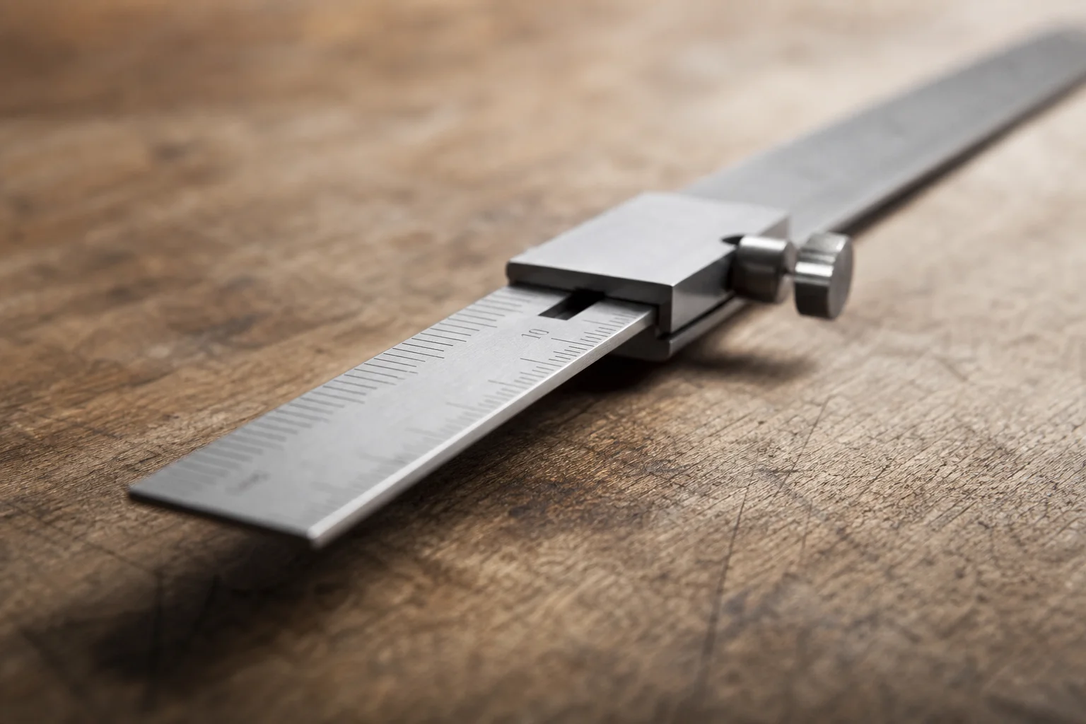 Thin steel ruler with sliding stock on wooden workbench