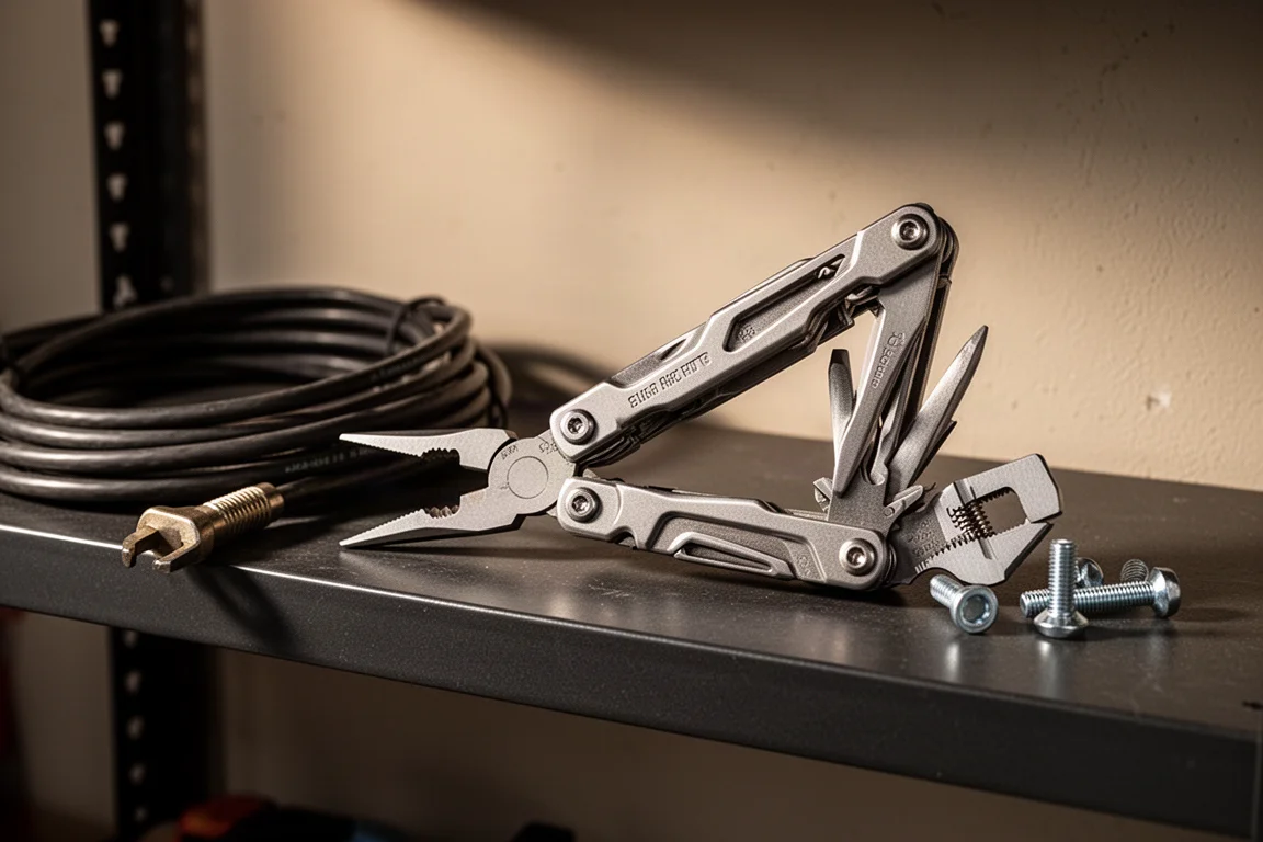 Tång och justerbar nyckelhuvud från en multitool vilande på en garagehylla