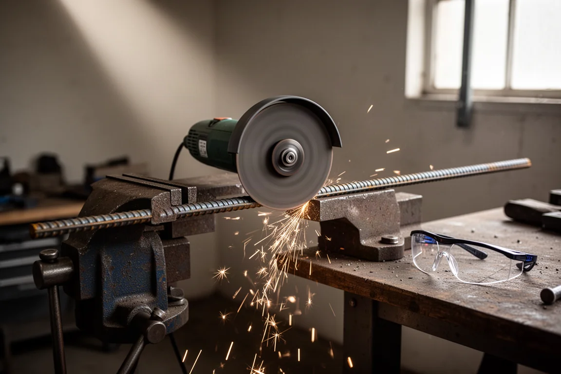 Angle grinder cutting rebar with sparks flying near a workbench