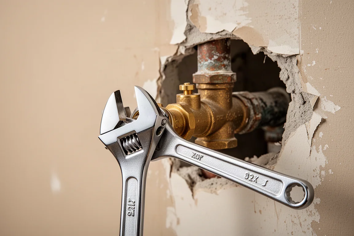 Wrench tightening a valve on an old pipe near a wall
