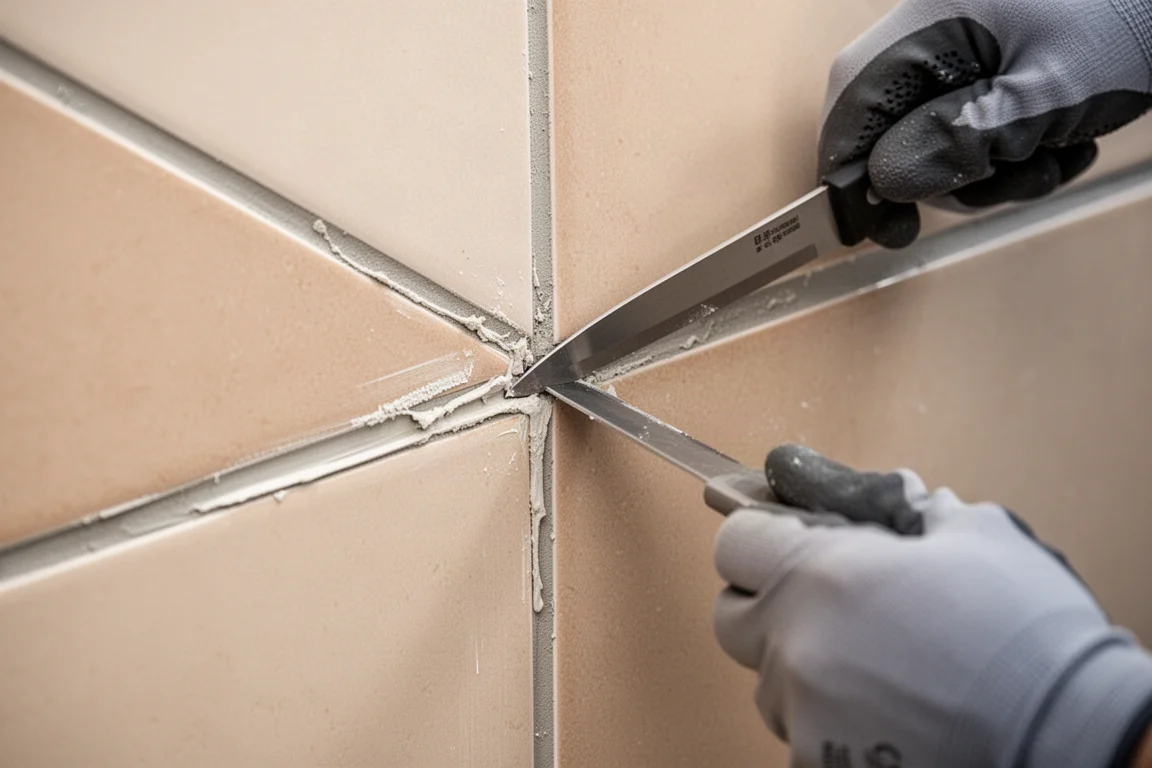 Removing old grout from a tiled wall with a knife blade