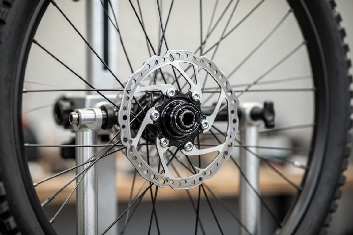 Bicycle disc rotor and hub on a repair stand