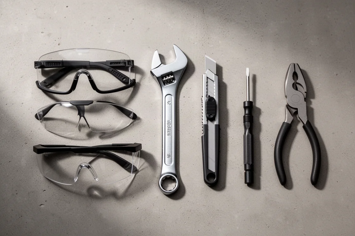 Row of hand tools including safety glasses, wrench, knife, screwdriver and pliers on concrete