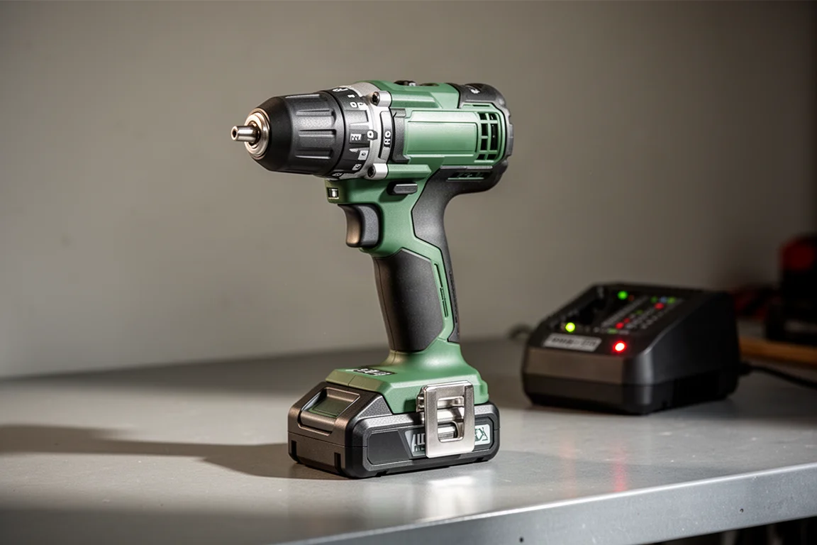 Akkuselbstwerkzeug und Akkus laden auf einer Garage-Werkbank